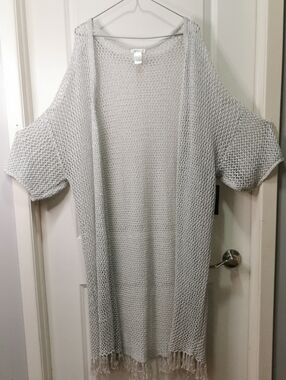 VENUS‎ Light Gray Open-Knit Fringe Cardigan